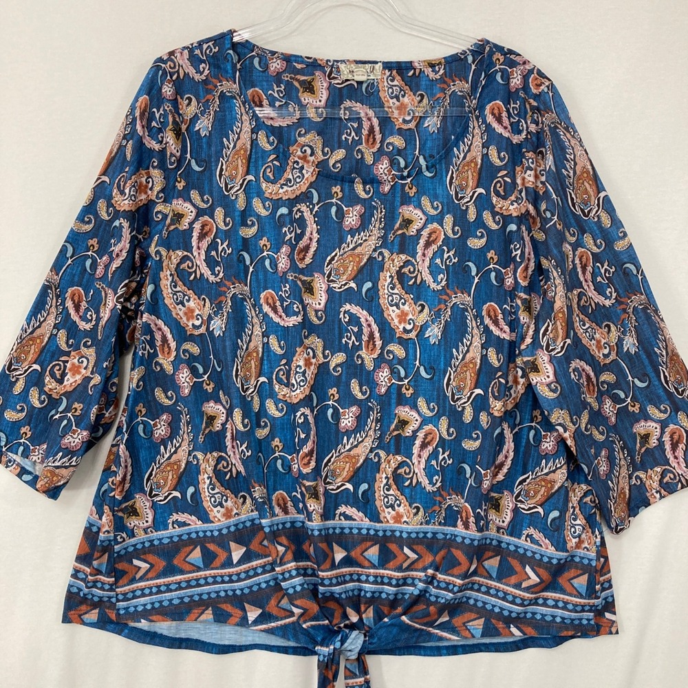 One World Paisley Tie Front Top 3X Boho 3/4 Sleeve Blouse Festival Vacation